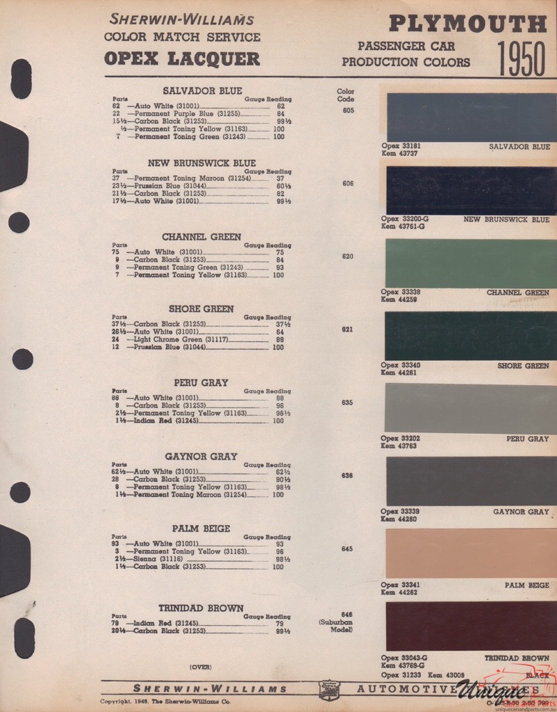 1950 Plymouth Paint Charts Williams 1